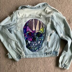 Denim Jacket with Beaded Skull Patch